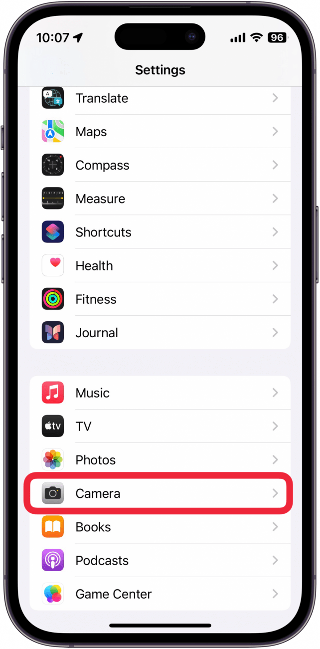 iPhone-Einstellungen mit einem roten Kästchen um die Kamera