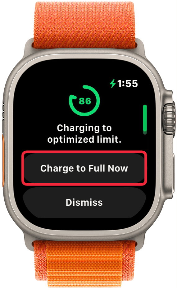 Der Ladebildschirm der Apple Watch zeigt 86 % an und die Meldung, dass die Uhr bis zur optimalen Grenze aufgeladen wird. Um die Schaltfläche „Jetzt vollständig aufladen“ ist ein rotes Kästchen angebracht.