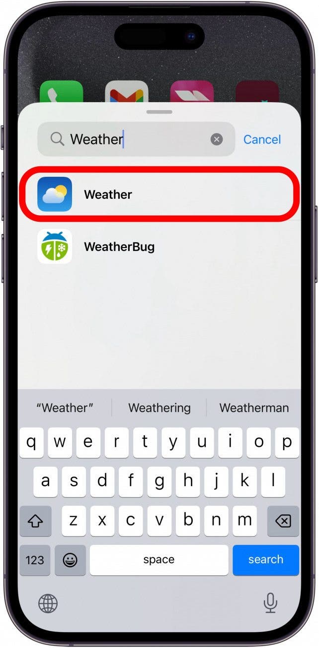 iPhone-Widget-Bildschirm mit einem roten Kästchen um das Wetter-Widget