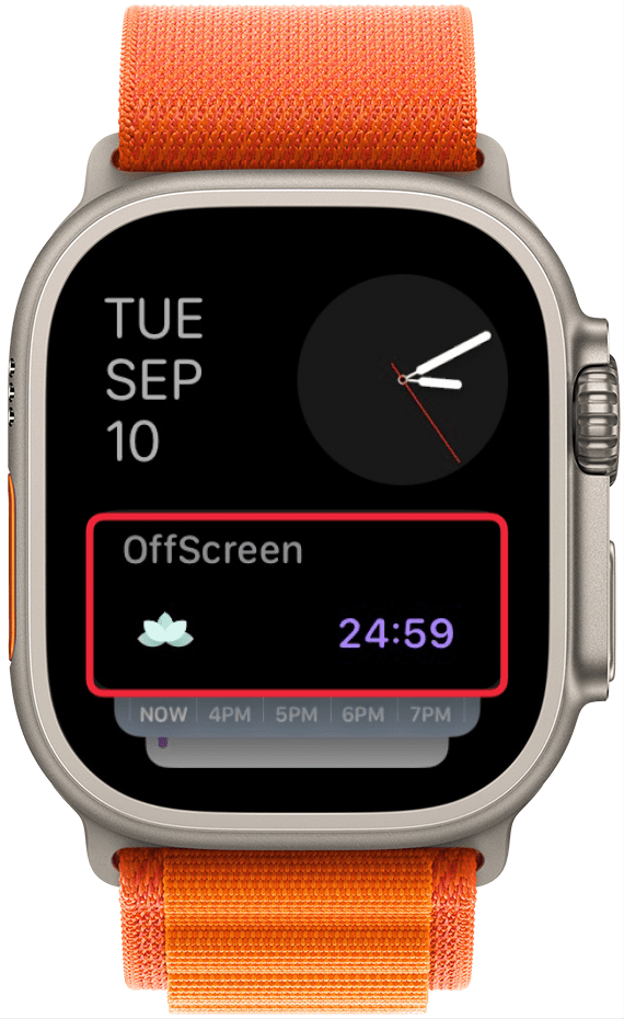 Apple Watch Smart Stacks mit einem roten Kästchen um eine Live-Aktivität für OffScreen, die einen 24-Minuten- und 59-Sekunden-Timer anzeigt