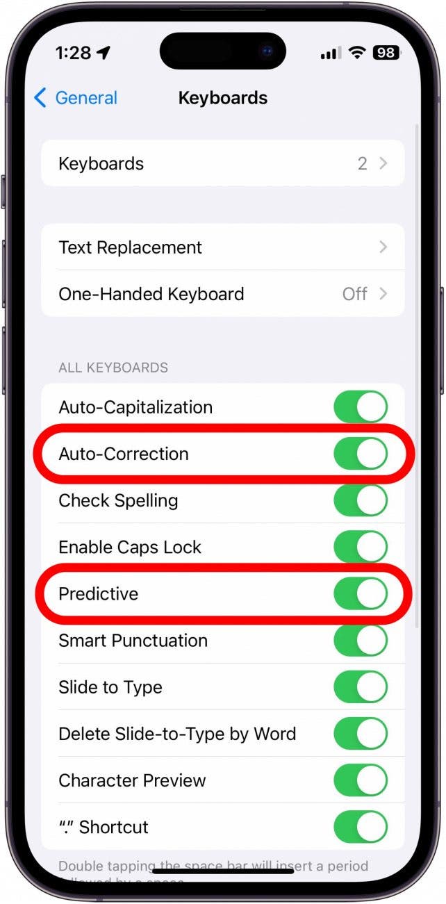 iPhone-Tastatureinstellungen mit automatischer Korrektur und Vorhersage, rot eingekreist