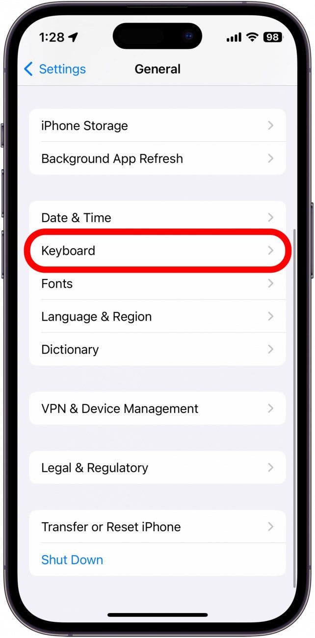 Allgemeine iPhone-Einstellungen mit rot eingekreister Tastatur