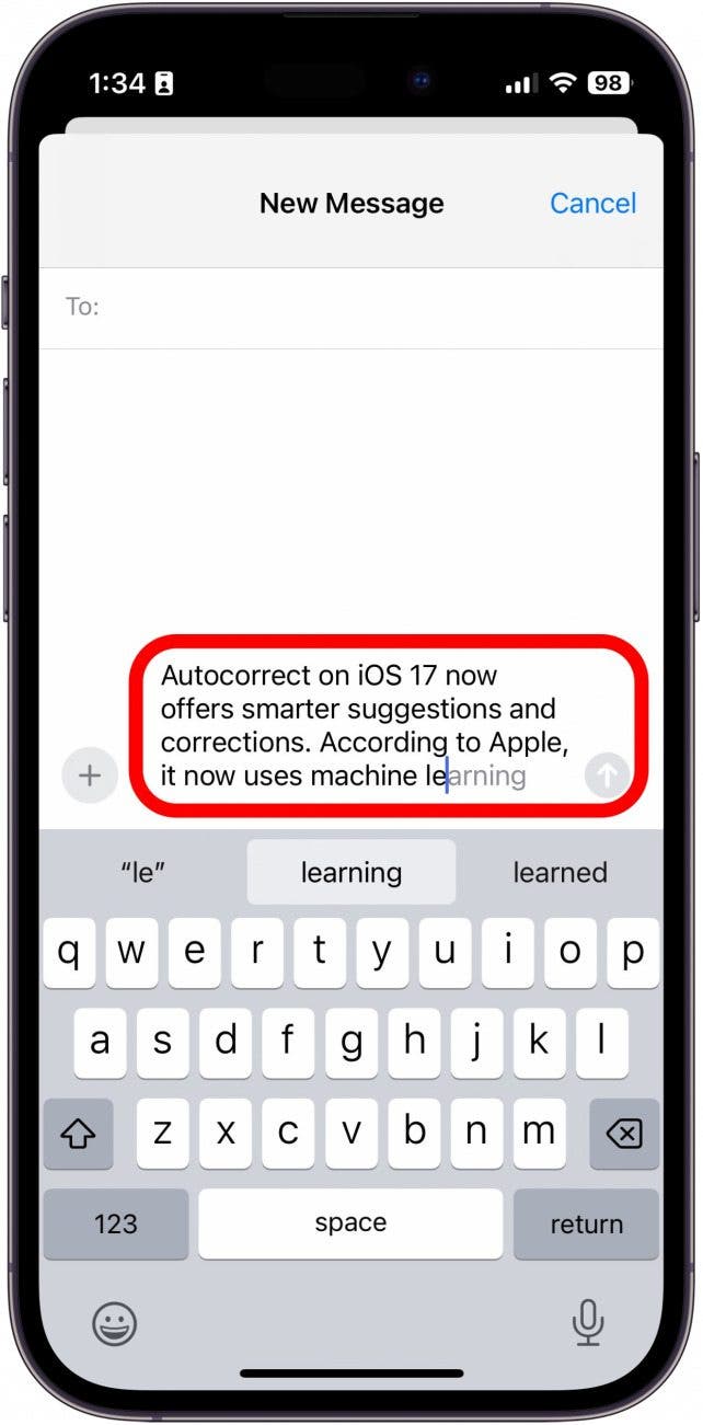 Bildtextfeld mit prädiktivem Text, rot eingekreist, mit der Aufschrift: 