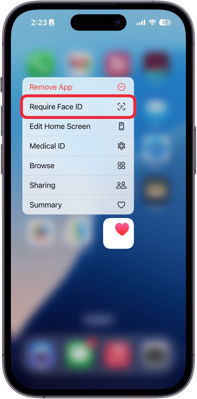 Auf dem iPhone-Startbildschirm wird ein Menü für die Gesundheits-App mit einem roten Kästchen angezeigt. Gesichts-ID erforderlich