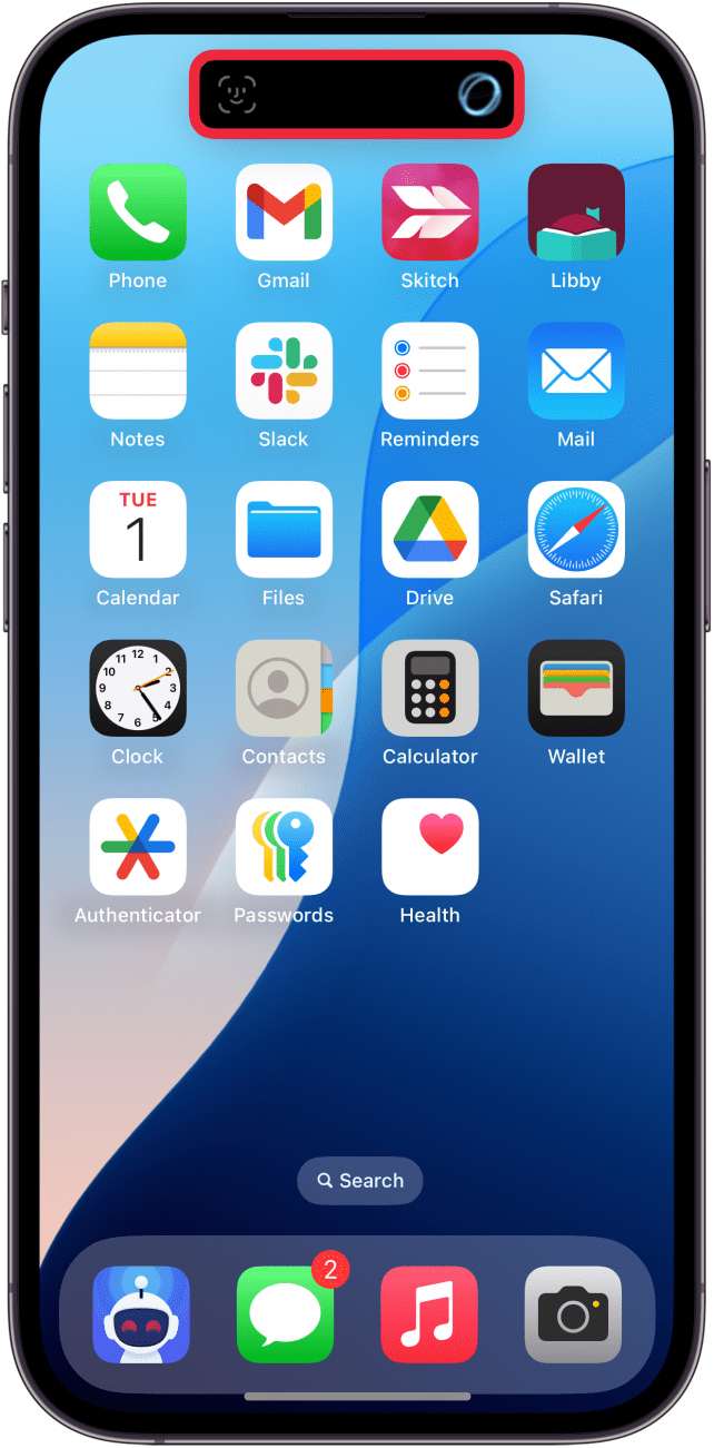 iPhone-Startbildschirm mit einer Gesichts-ID-Eingabeaufforderung in der dynamischen Insel und einem roten Kästchen darum herum