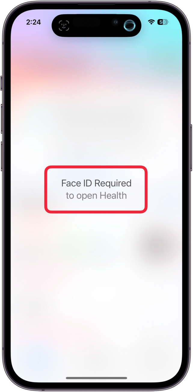 Die iPhone-Gesundheits-App zeigt eine Unschärfe im Vollbildmodus und eine Aufforderung an, dass für den Zugriff auf die App eine Gesichtserkennung erforderlich ist