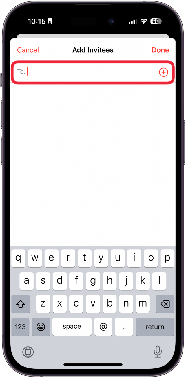 iPhone-Kalendereinladungsbildschirm mit einem roten Kästchen um das Kontakteingabefeld