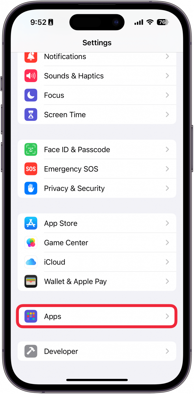 iPhone-Einstellungs-App mit einem roten Kästchen um Apps