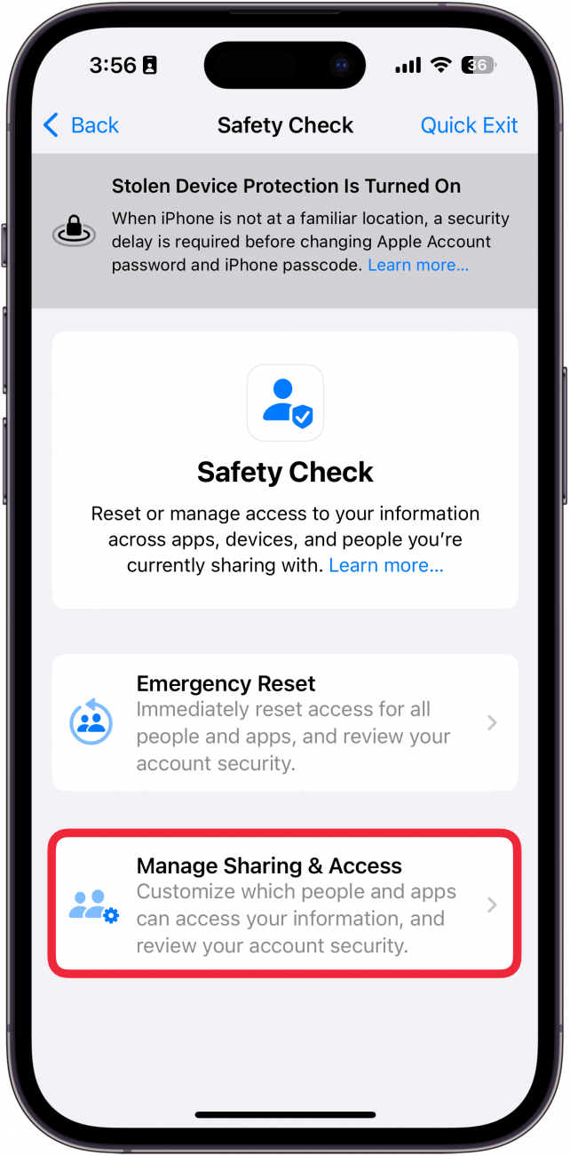 iPhone-Sicherheitsüberprüfung mit einem roten Kästchen um Freigabe und Zugriff verwalten