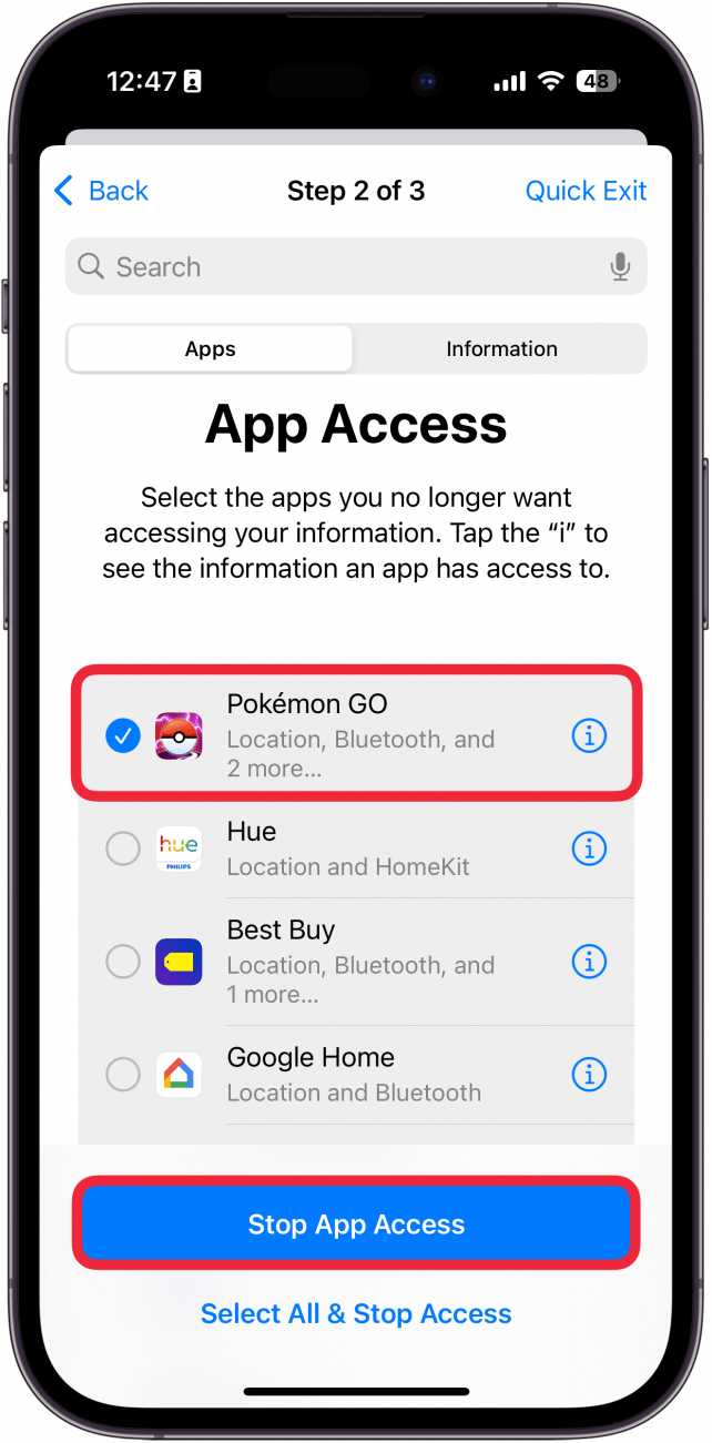 iPhone-Bildschirm „Freigabe verwalten und Zugriff auf App-Zugriff“ mit einem roten Kästchen um „Pokémon Go“ und einem roten Kästchen um „App-Zugriff stoppen“.