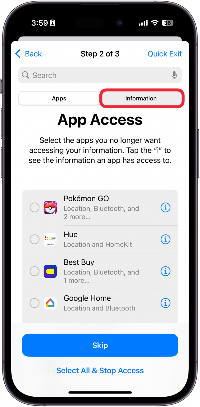iPhone-Bildschirm zum Verwalten der Freigabe und zum Zugriff auf App-Zugriff mit einem roten Kästchen um die Informationsregisterkarte