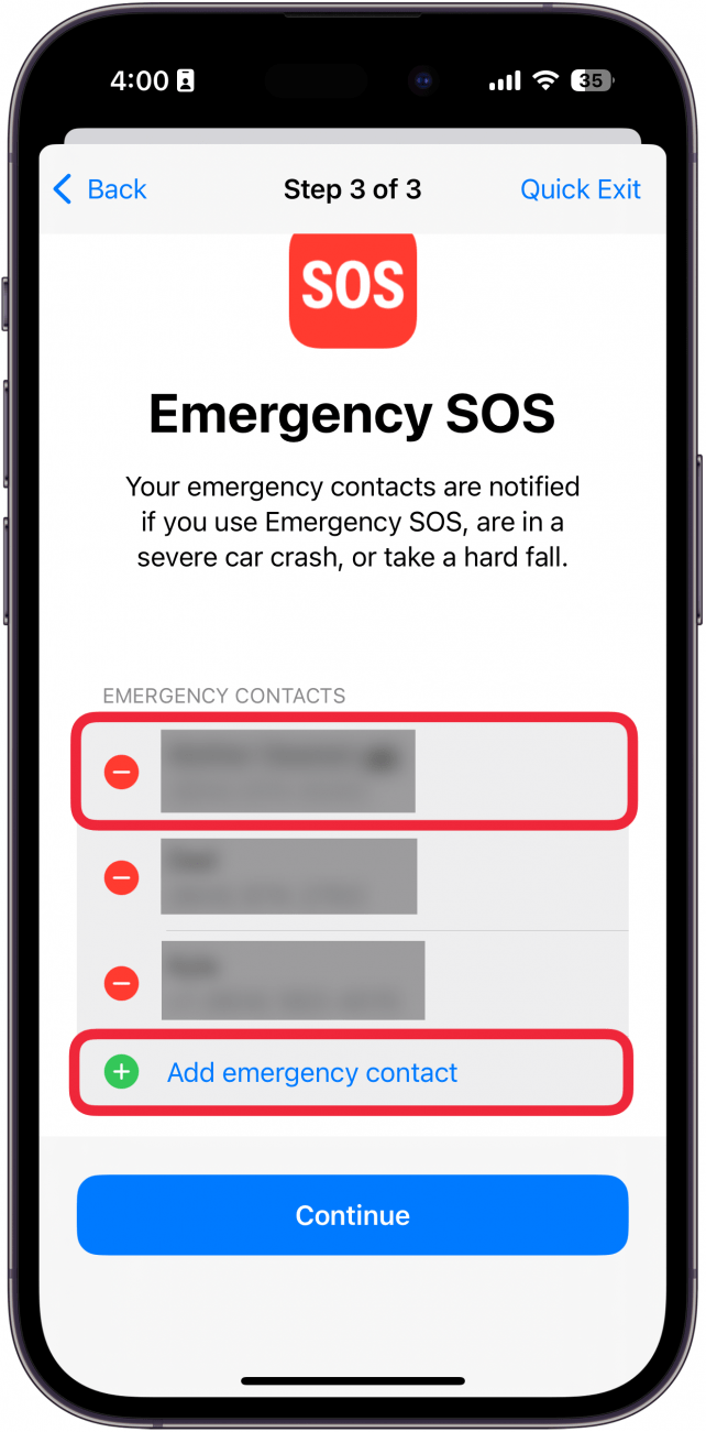 Das iPhone verwaltet die Freigabe und den Zugriff und zeigt Notfallkontakte an, mit einem roten Kästchen um einen Kontakt mit einem Minuszeichen daneben und einem roten Kästchen um die Schaltfläche „Notfallkontakt hinzufügen“.