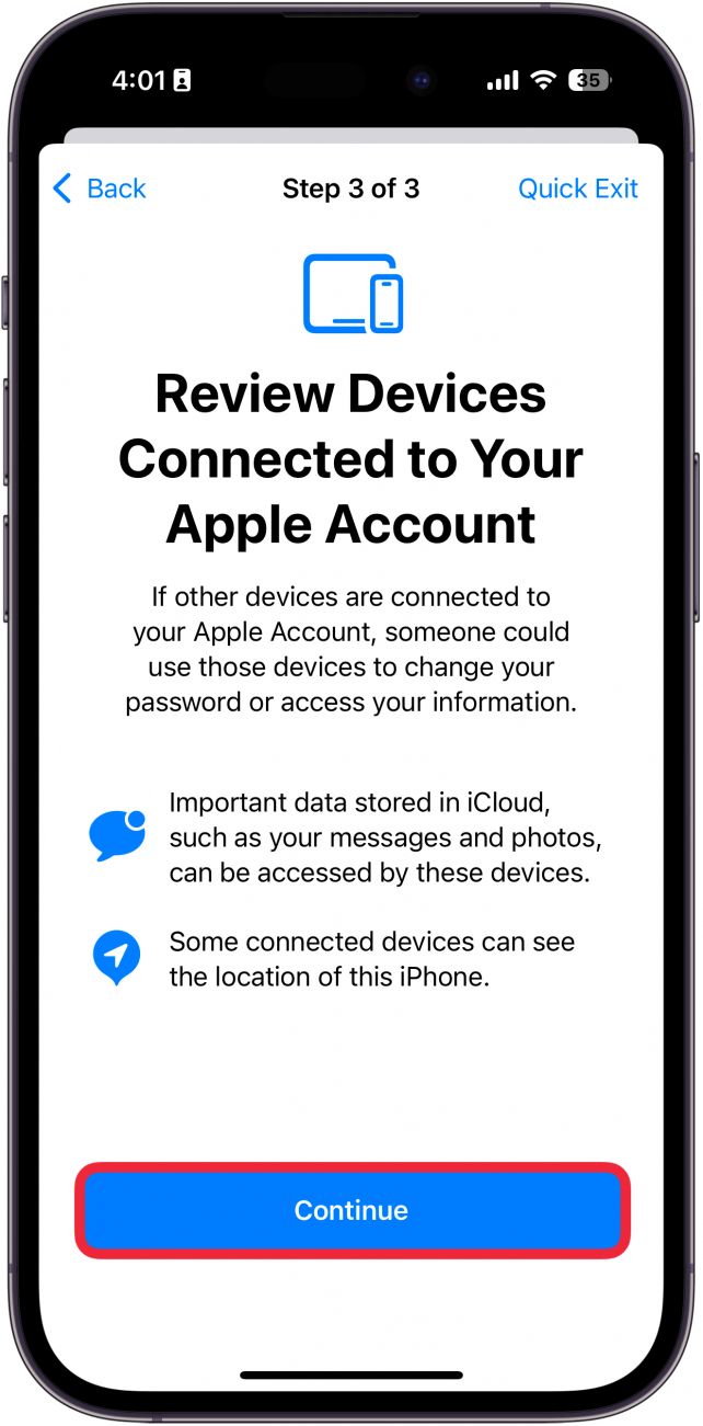 iPhone-Bildschirm „Freigabe verwalten und auf Geräte überprüfen“ mit einem roten Kästchen um „Fortfahren“ zugreifen
