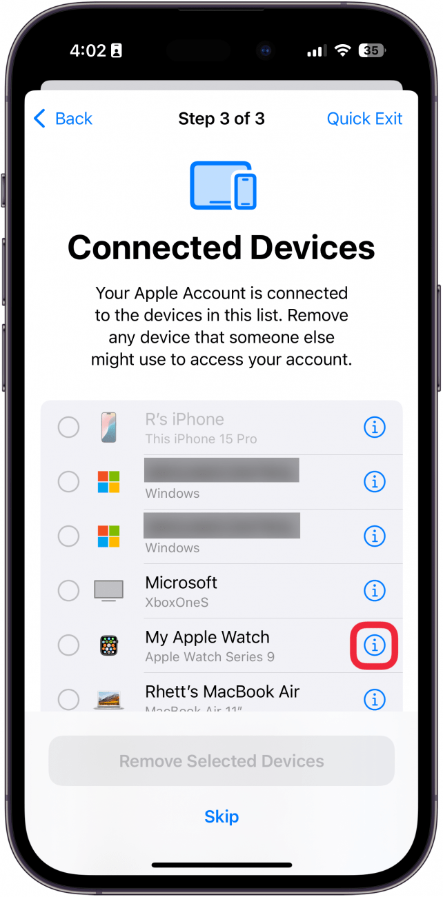 iPhone-Bildschirm zum Verwalten der Freigabe und zum Zugriff auf verbundene Geräte mit einem roten Kästchen um das Informationssymbol