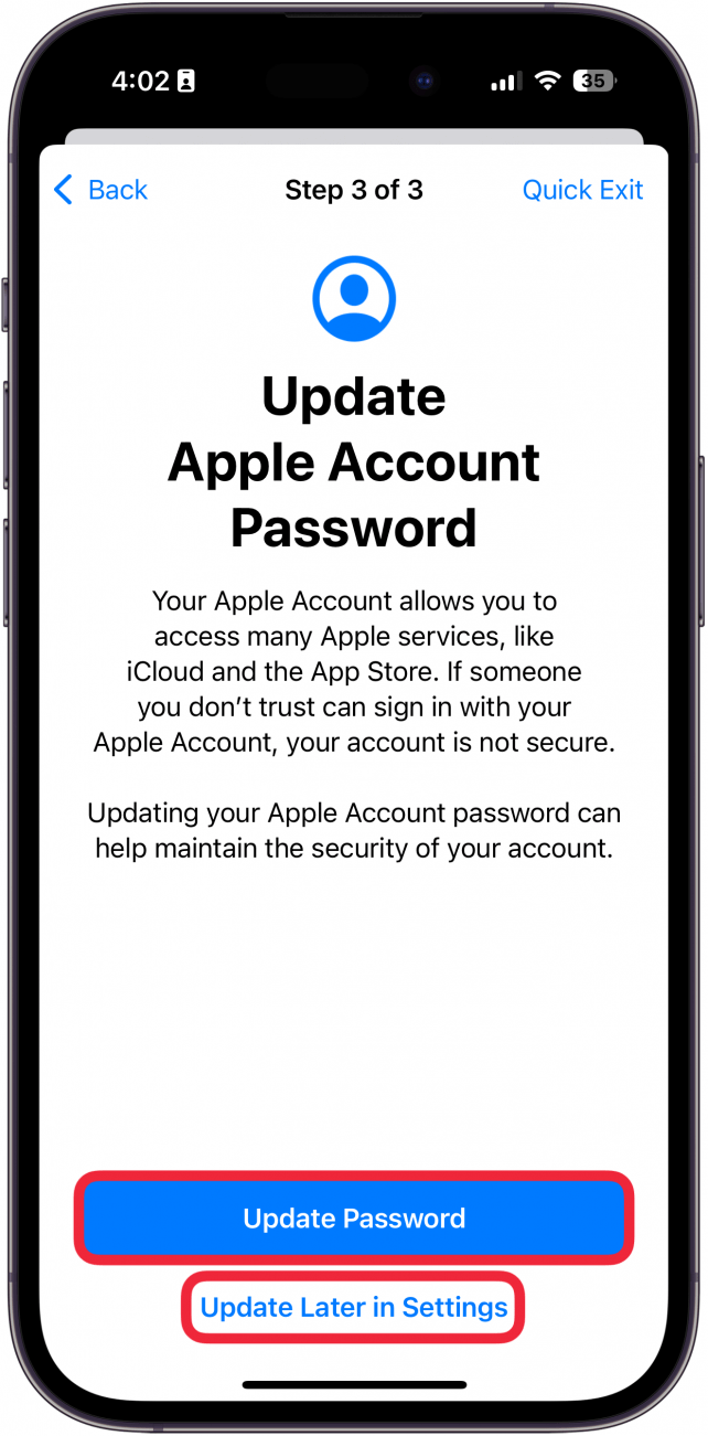 Das iPhone verwaltet die Freigabe und den Zugriff auf den Bildschirm „Passwort aktualisieren“ mit einem roten Kästchen um das „Passwort aktualisieren“ und einem roten Kästchen um „Später aktualisieren“ in den Einstellungen