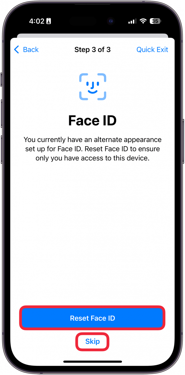Das iPhone verwaltet die Freigabe und den Zugriff auf den Bildschirm „Gesichts-ID zurücksetzen“ mit einem roten Kästchen um „Gesichts-ID zurücksetzen“ und einem roten Kästchen um „Überspringen“.