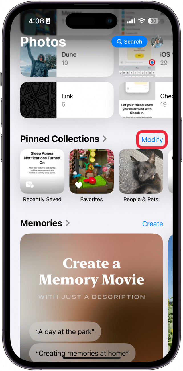 iPhone-Fotos-App, die angeheftete Sammlungen mit einem roten Kästchen um „Ändern“ anzeigt