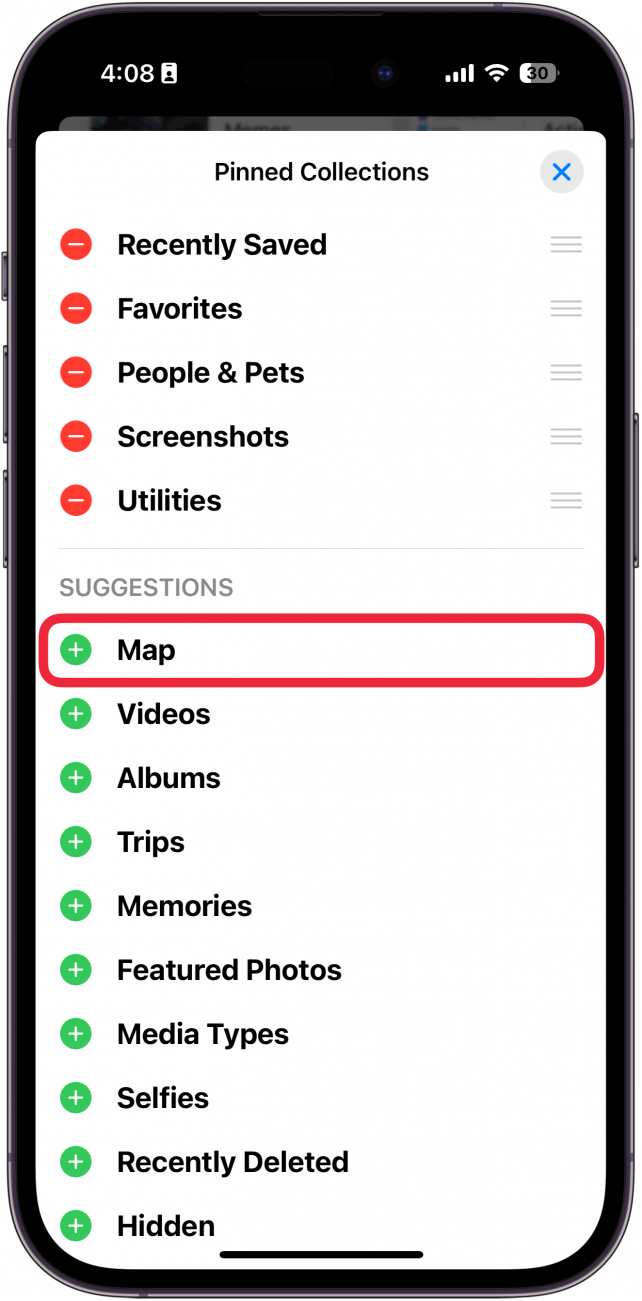 iPhone-Fotos-App: Anpassungsmenü für angeheftete Sammlungen mit einem roten Kästchen um die Kartenoption und einem grünen Pluszeichen daneben