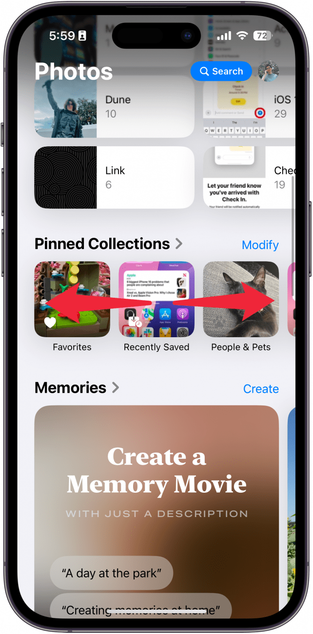 Die iPhone-Foto-App zeigt angeheftete Sammlungen mit roten Pfeilen an, die nach links und rechts zeigen und anzeigen, dass man nach links und rechts wischen muss