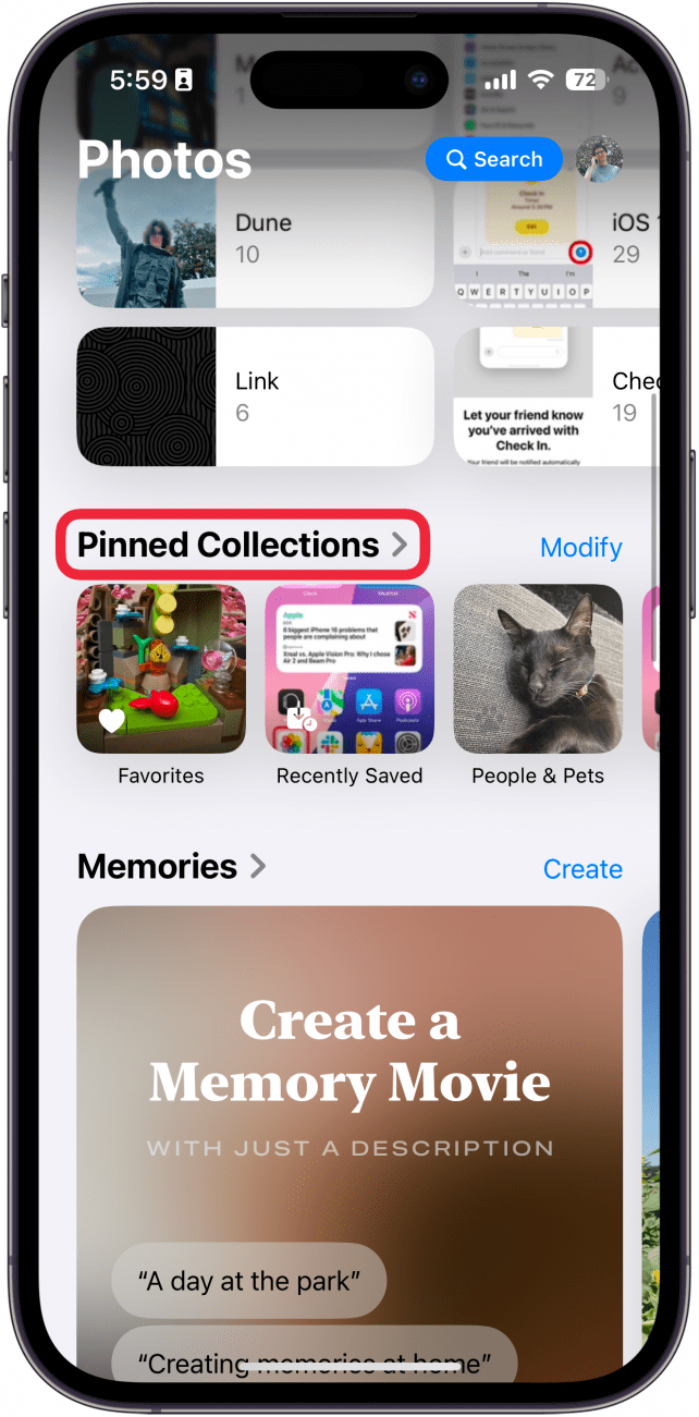 iPhone-Fotos-App, die angeheftete Sammlungen mit einem roten Kästchen um die Kopfzeile der angehefteten Sammlungen anzeigt