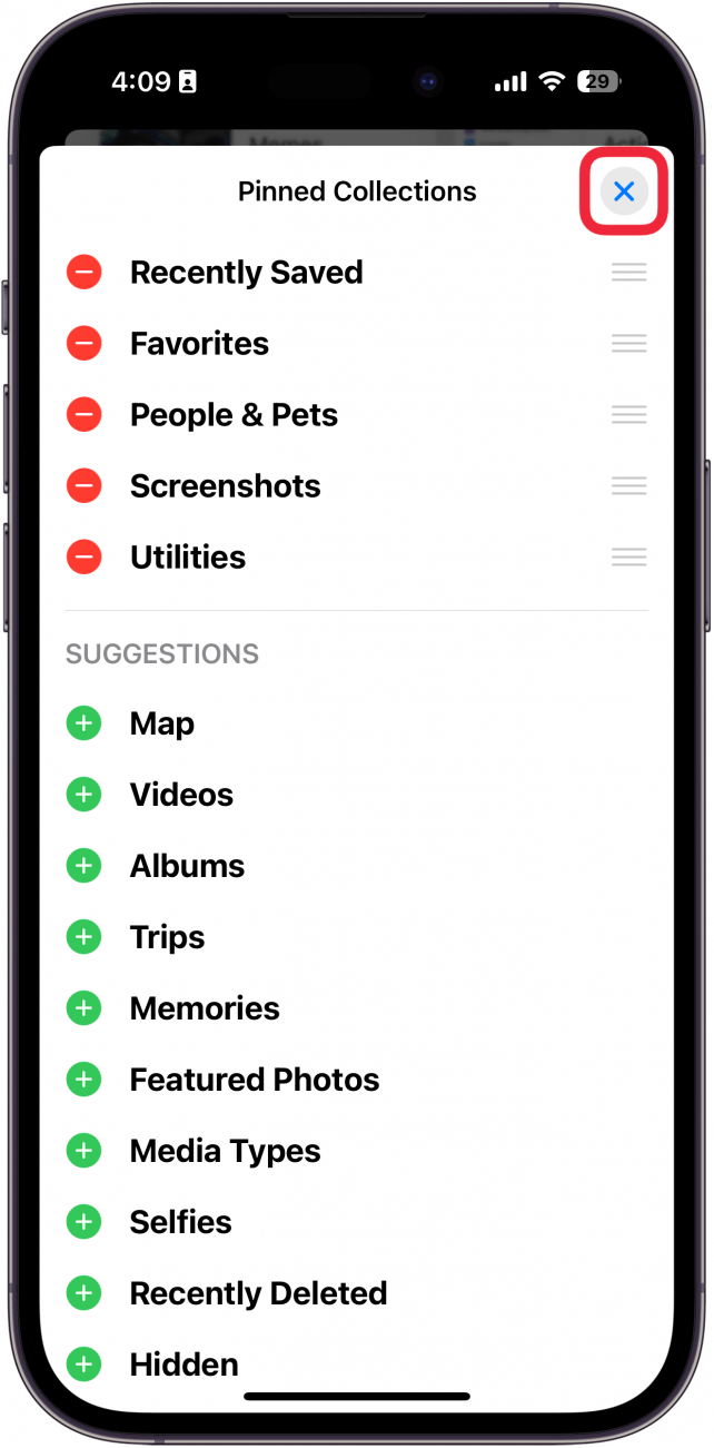 iPhone-Fotos-App: Anpassungsmenü für angeheftete Sammlungen mit einem roten Kästchen um das X-Symbol