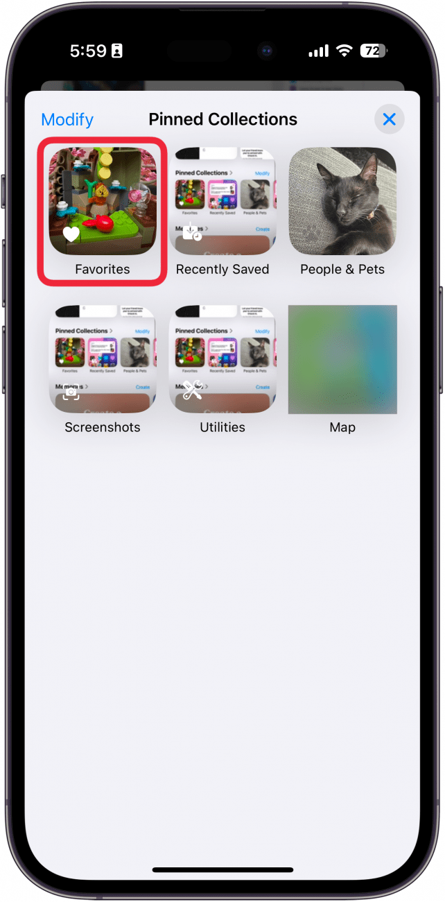 iPhone-Fotos-App, die alle angehefteten Sammlungen mit einem roten Kästchen um die Favoriten anzeigt