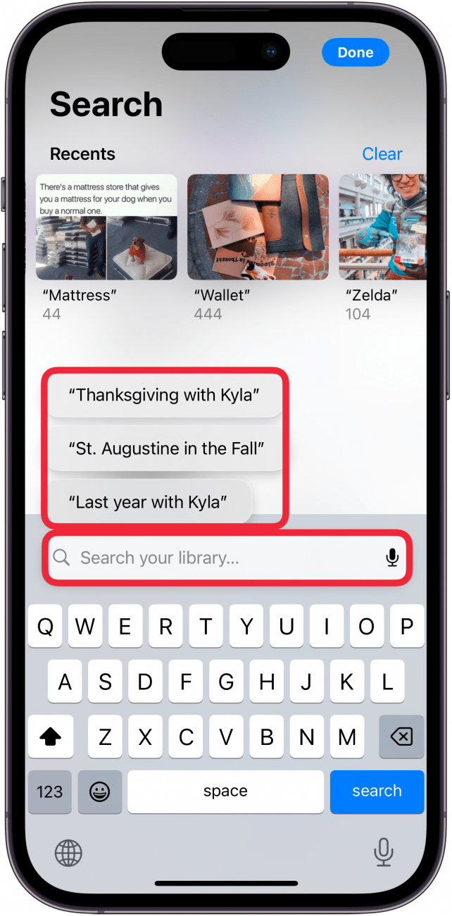 iPhone-Fotos-App-Suche mit Suchvorschlägen und einem roten Kästchen um die Suchleiste