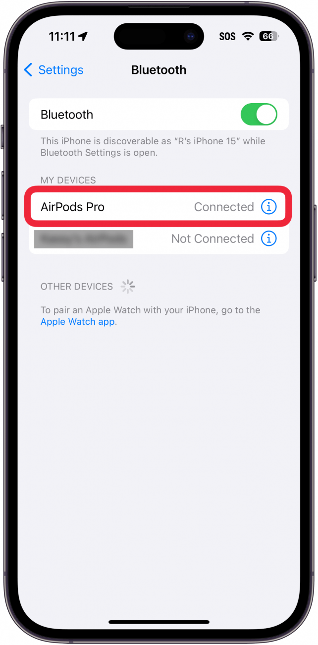 Bluetooth-Einstellungen des iPhones mit einem roten Kästchen um die Airpods Pro