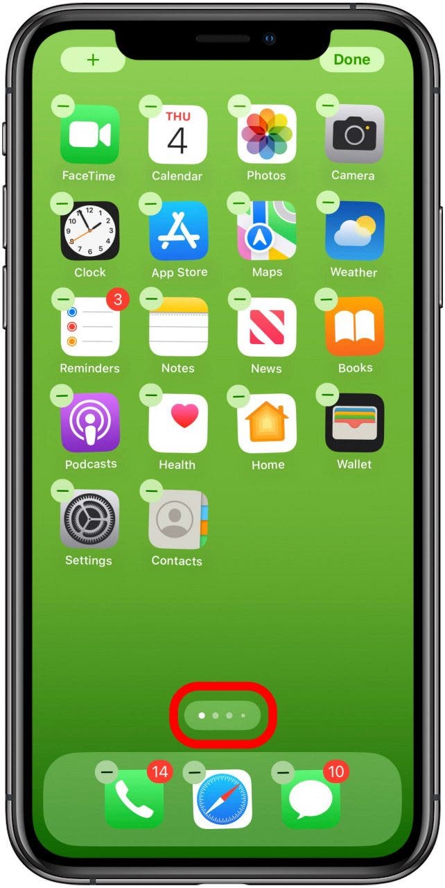 Tippen Sie auf die Punkte am unteren Rand des Startbildschirms, um versteckte Apps auf dem iPhone-Startbildschirm zu finden