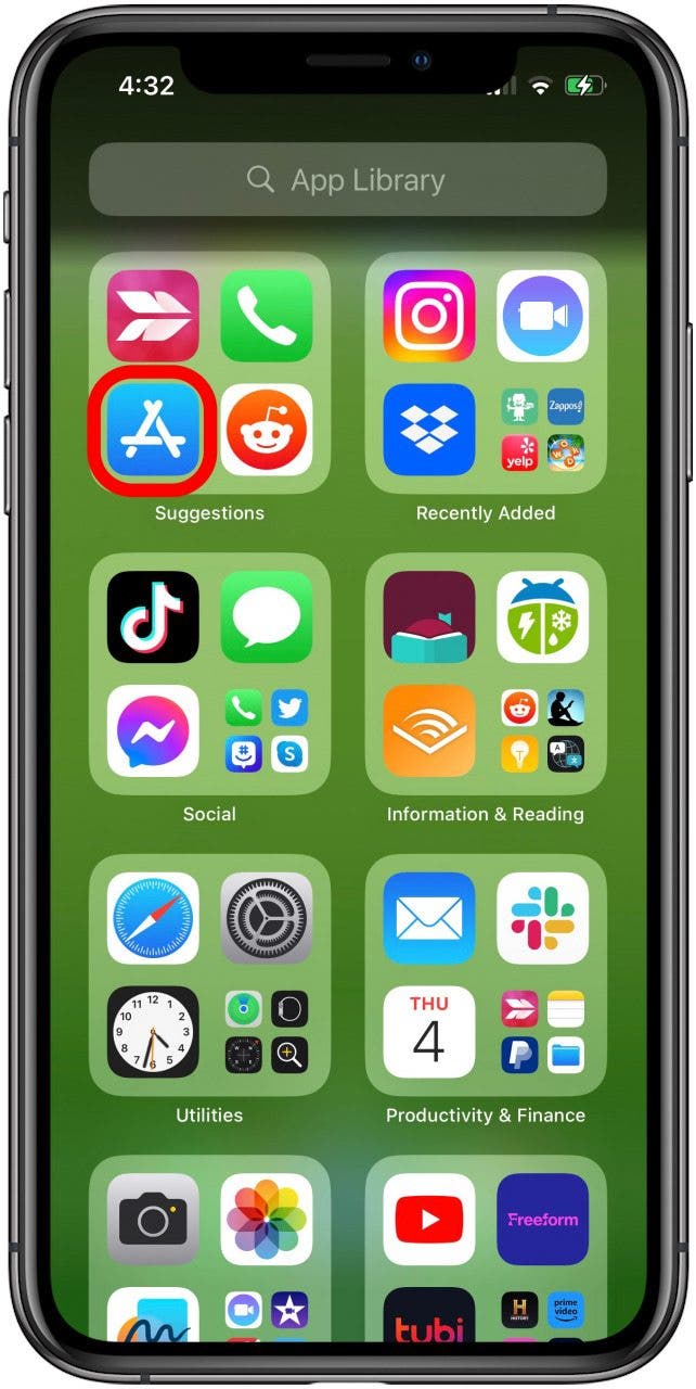 Tippen Sie auf „App Store“, um die App auf dem Startbildschirm des iPhone wiederherzustellen