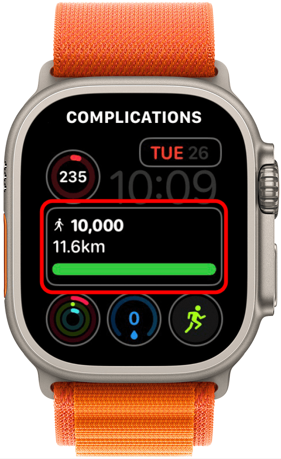 Schrittzähler der Apple Watch auf dem Zifferblatt der Apple Watch