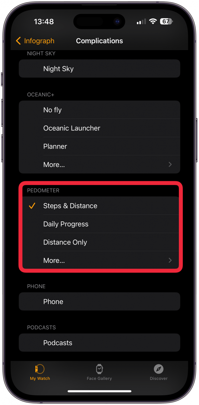 Scrollen Sie nach unten zu PEDOMETER und wählen Sie die Daten aus, die Sie sehen möchten. Steps & Distance ist eine gute Wahl.