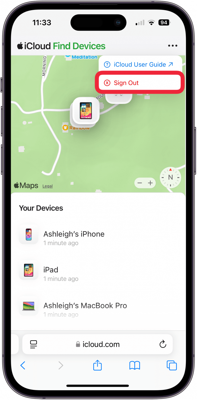 Tippen Sie auf „Abmelden“, nachdem Sie das iPhone Ihres Freundes gefunden haben.