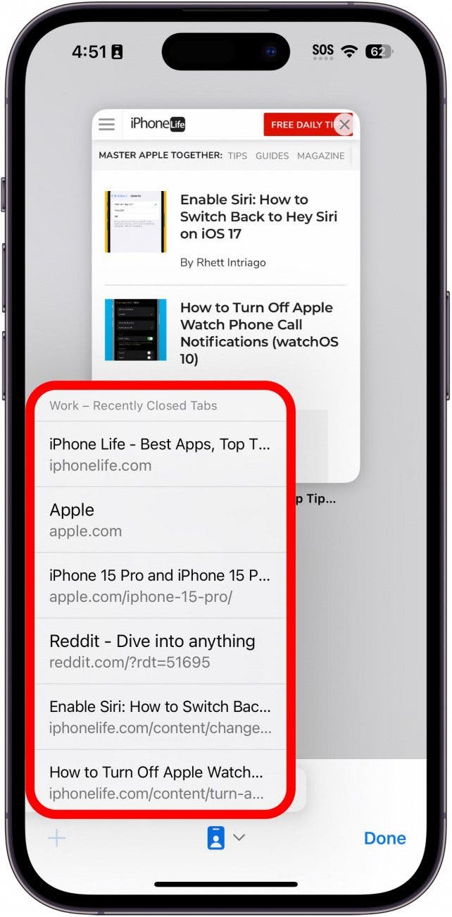 iPhone-Safari-Tab-Ansicht mit kürzlich geschlossenen Tabs