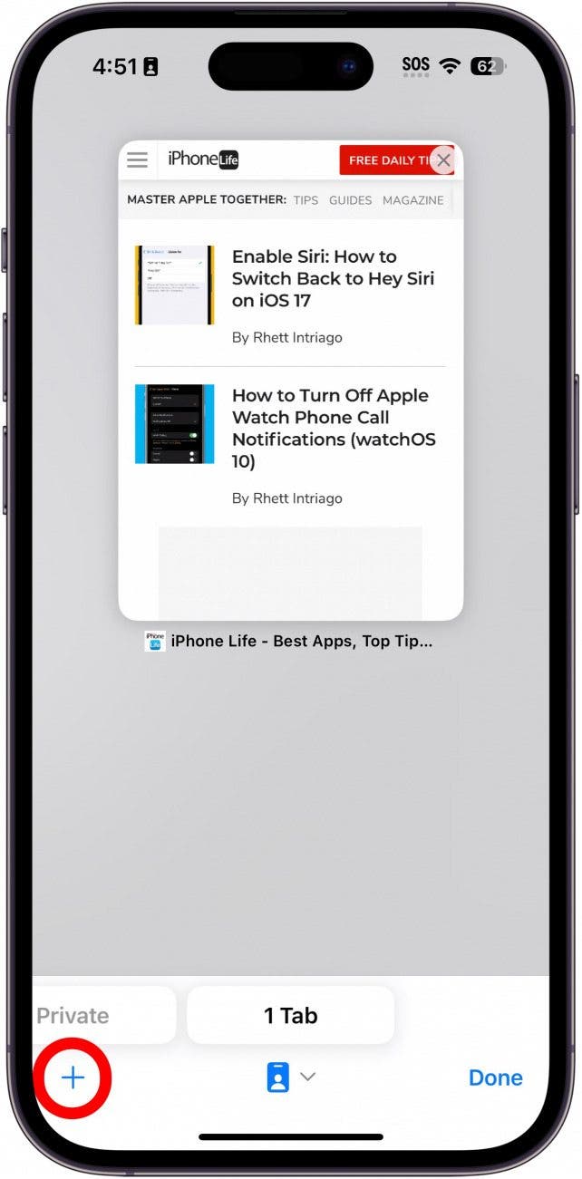 iPhone-Safari-Tab-Ansicht mit rot eingekreister Plustaste