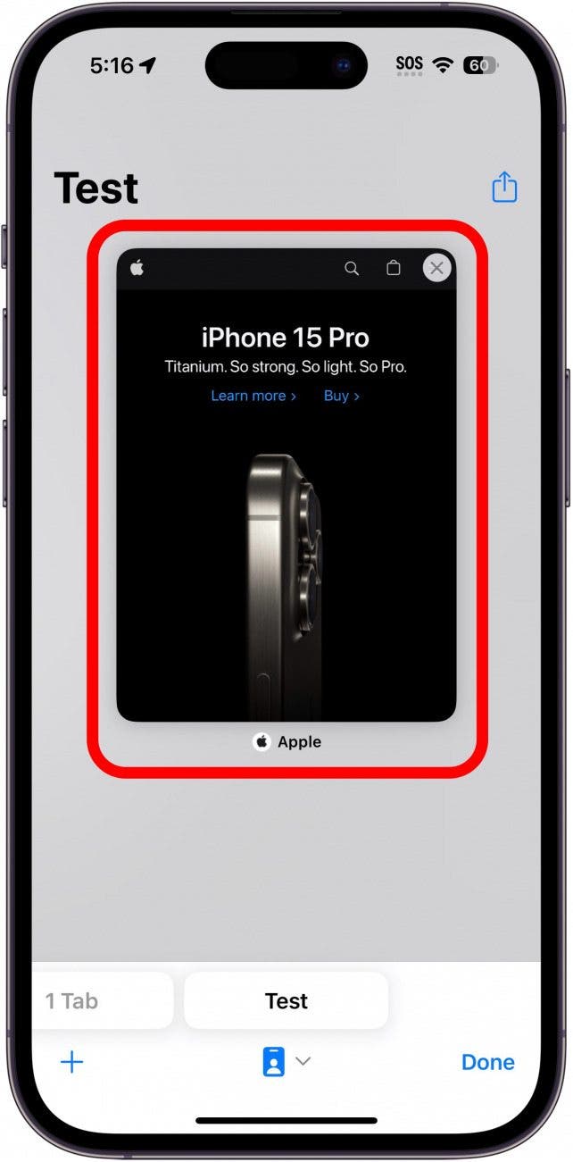 iPhone-Safari-Tab-Ansicht mit einer Tab-Gruppe mit der Bezeichnung „Test“ und einem roten Kästchen um den aktuell geöffneten Tab