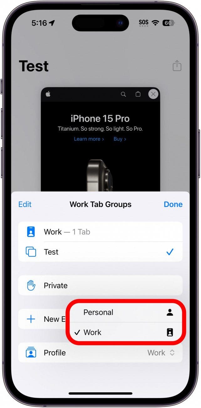 iPhone Safari-Profilfenster mit einem roten Kästchen um die Liste der Profile