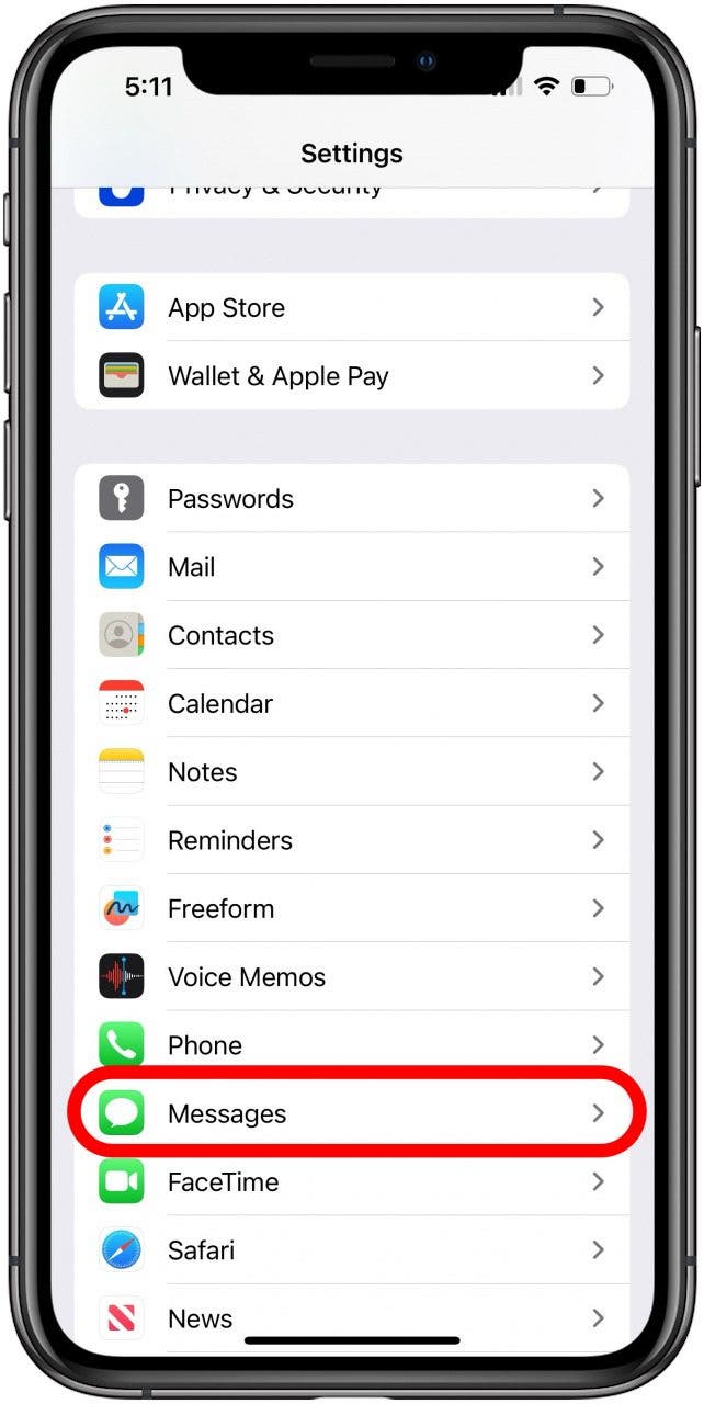 Tippen Sie in der Einstellungs-App auf „Nachrichten“.