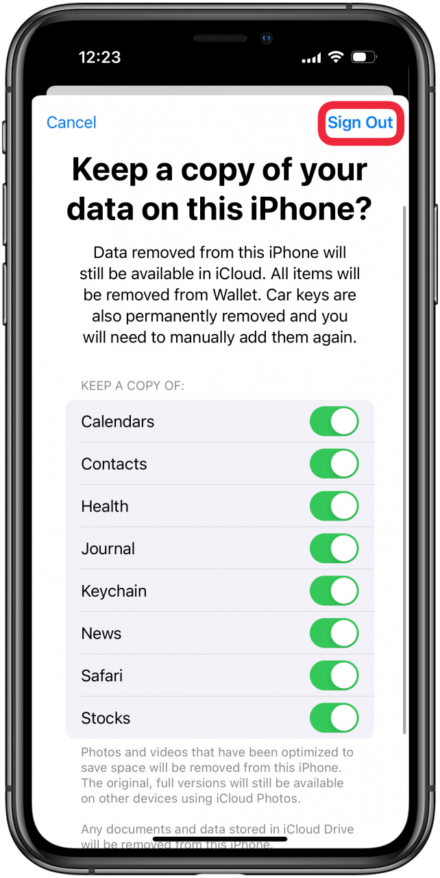 Tippen Sie auf „Abmelden“, um sich von der Apple-ID abzumelden