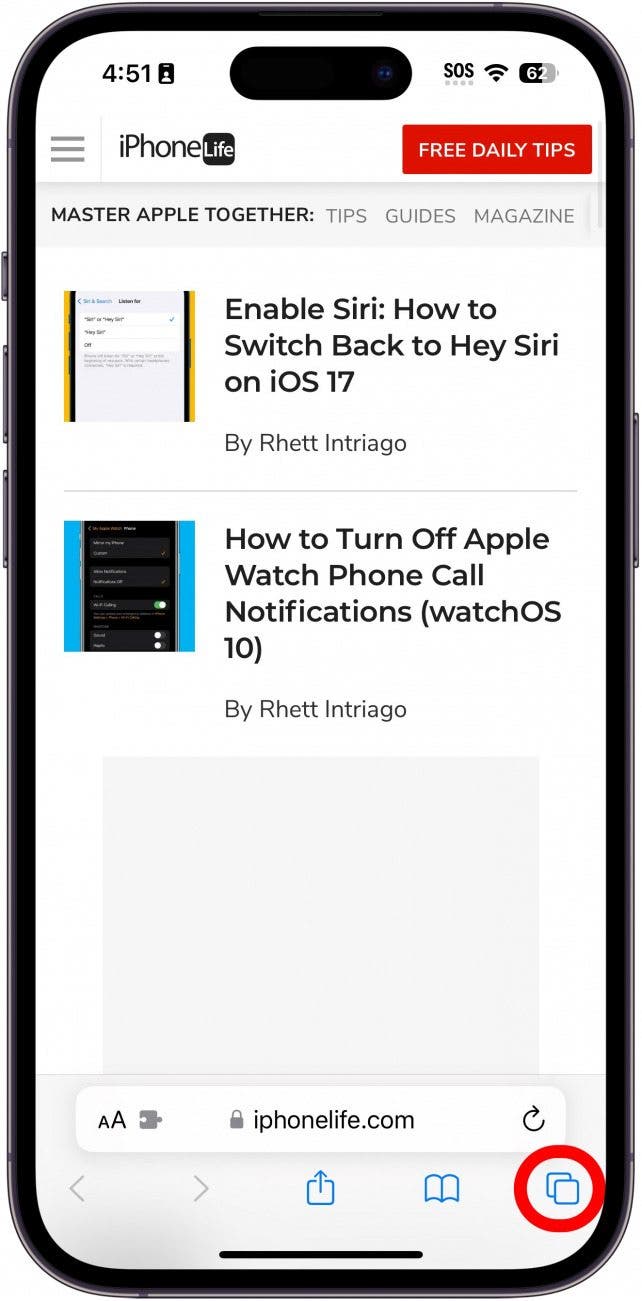 Safari auf dem iPhone mit rot eingekreister Tab-Taste