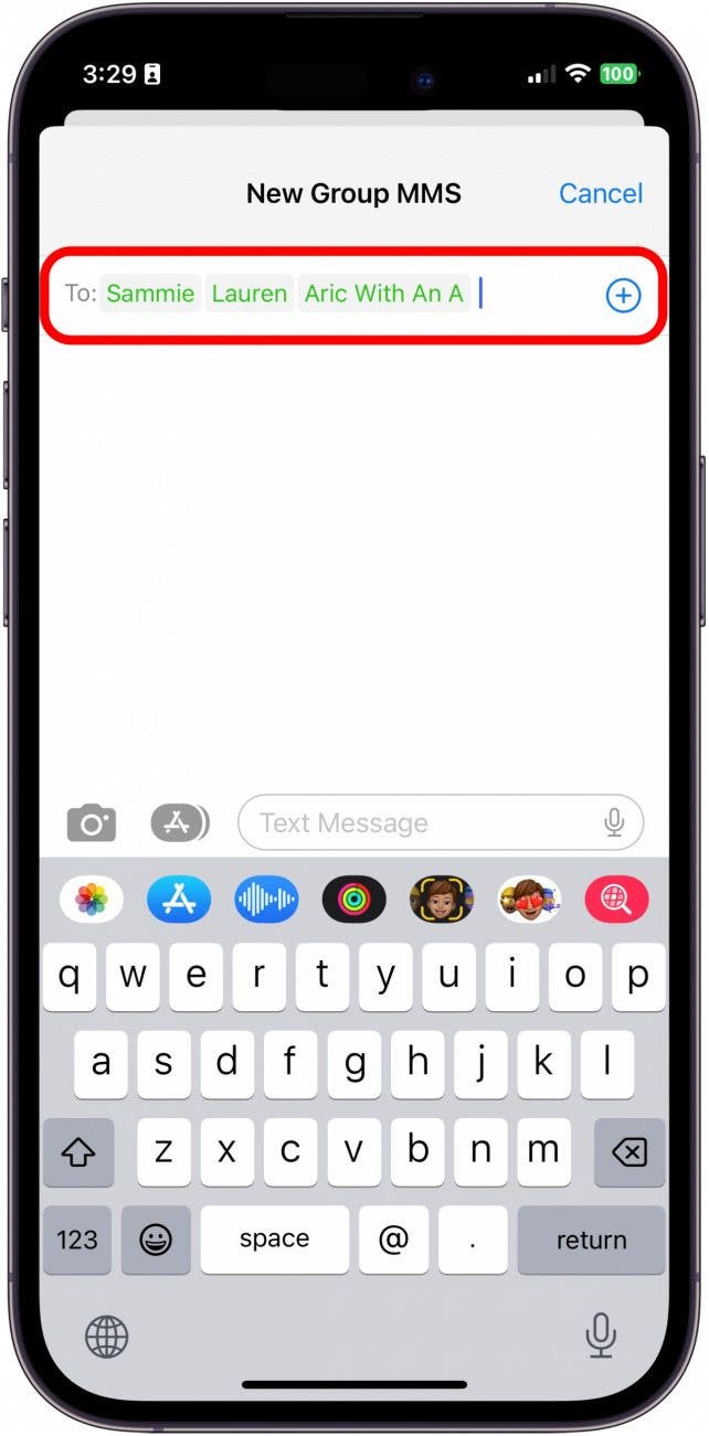 Geben Sie die Namen der Kontakte ein, die Sie hinzufügen möchten, einschließlich der Android-Benutzer, oder tippen Sie auf das +-Symbol, um in Ihrer Kontaktliste nach ihnen zu suchen. Sie werden feststellen, dass sich die Gruppe von „Neue iMessage“ zu „Neue Gruppen-MMS“ ändert und die Nummern oder Kontakte grün statt blau sind.