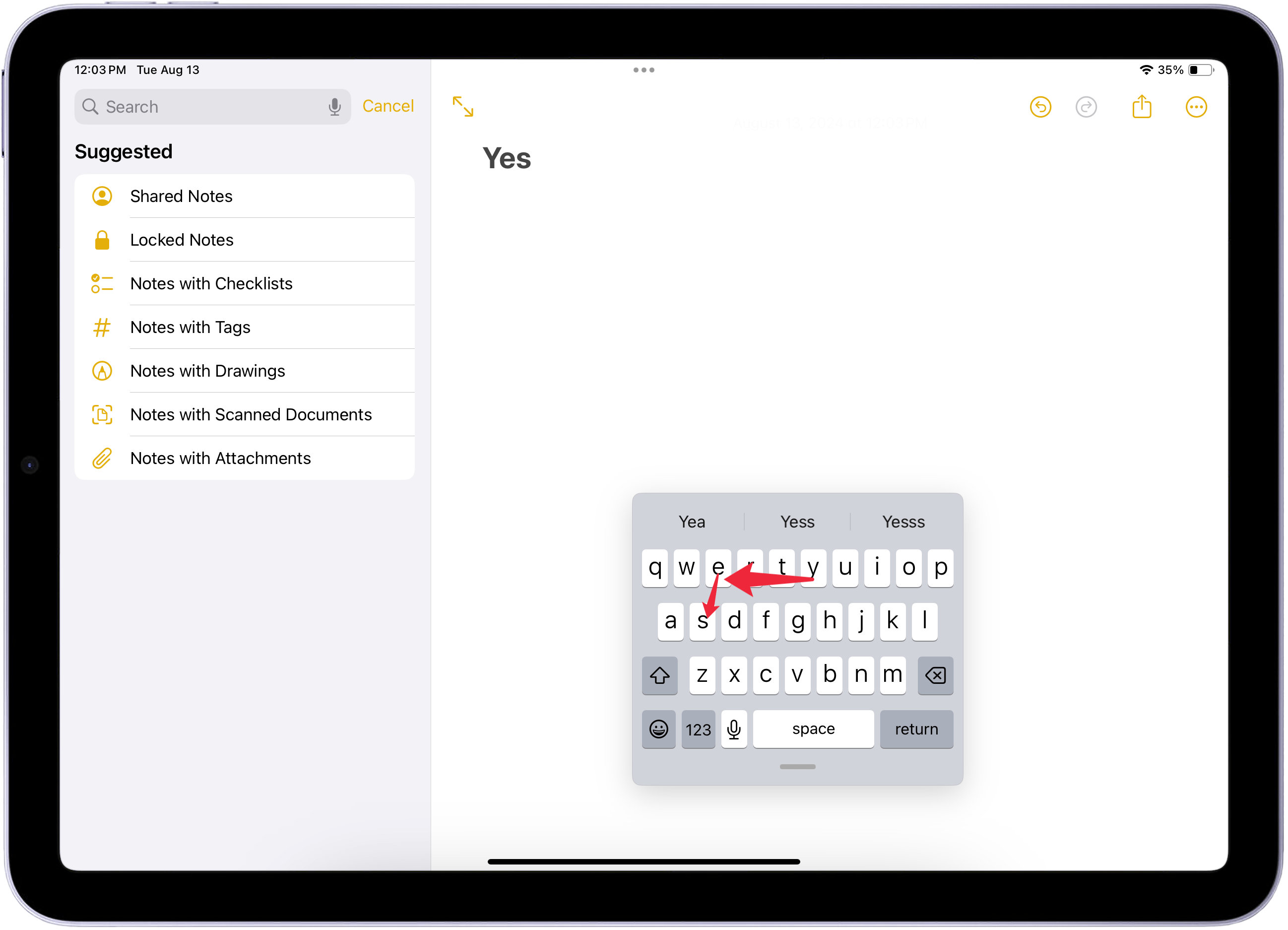 Schieben Sie auf der schwebenden Tastatur des iPad von Buchstabe zu Buchstabe
