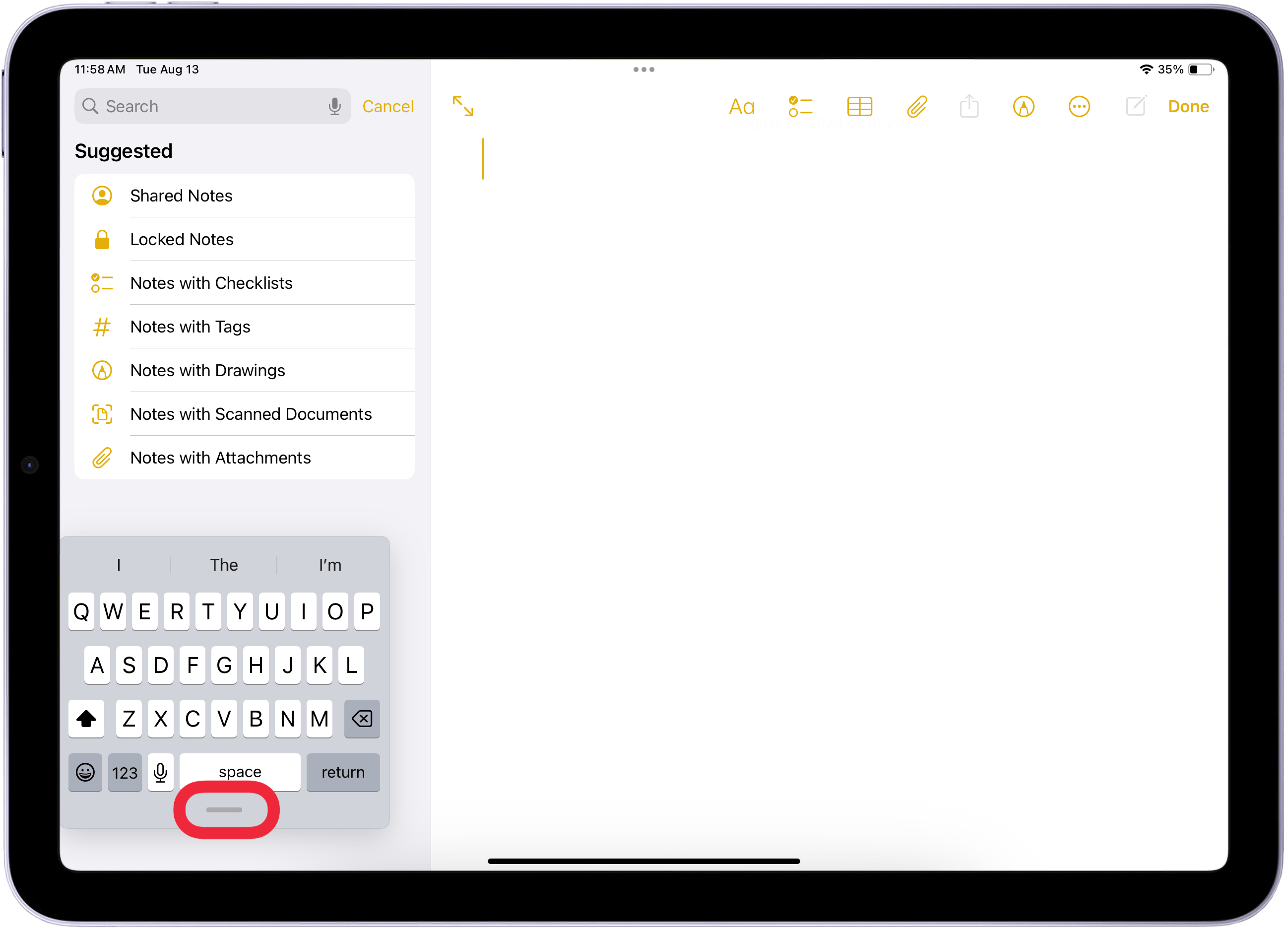 Bewegen Sie die schwebende Tastatur des iPad, indem Sie die graue Leiste berühren und ziehen