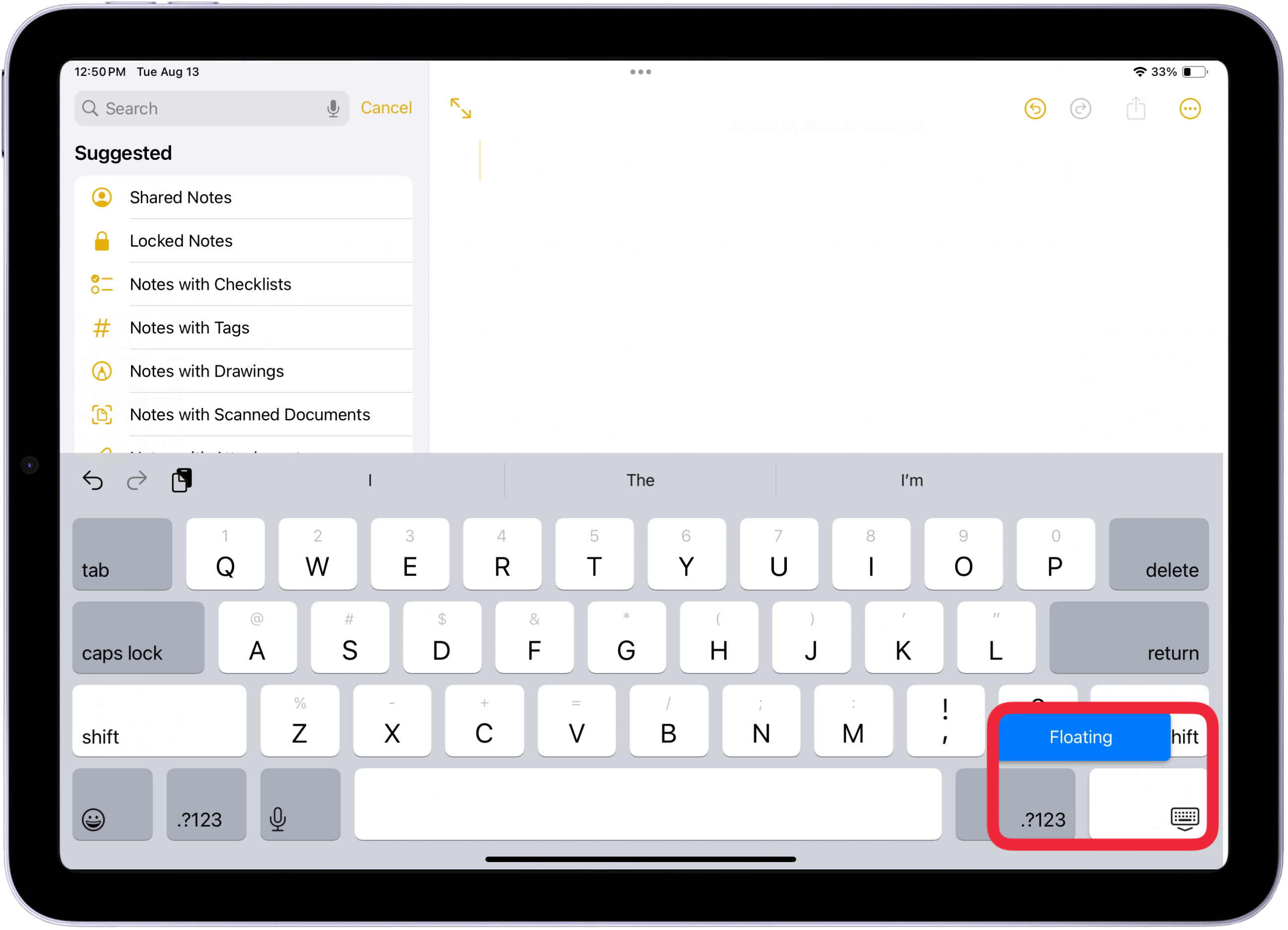 Tippen Sie im Menü auf „Floating“, um die schwebende Tastatur des iPad zu aktivieren