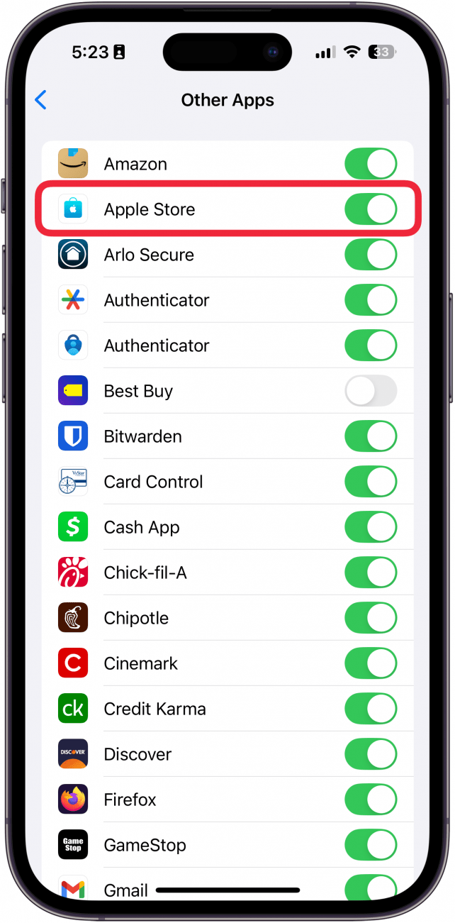iPhone-Gesichts-ID für Apps-Einstellungen, die eine Liste von Apps mit einem roten Kästchen um eine App und einem grünen Schalter daneben anzeigen