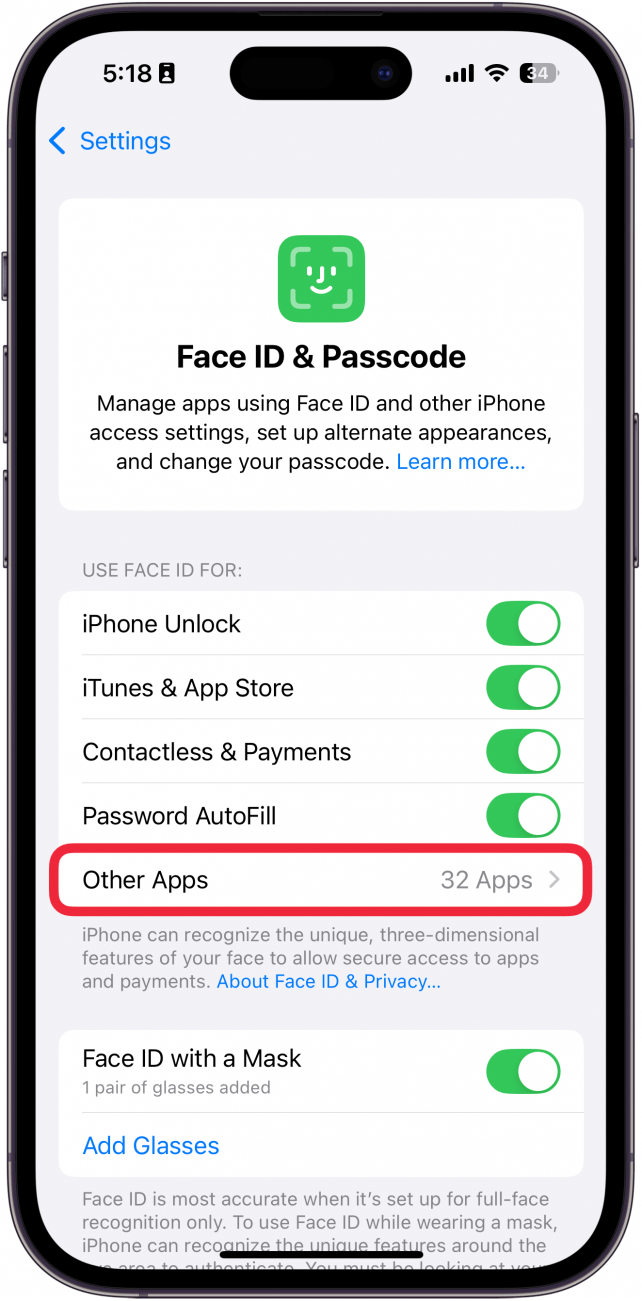 iPhone-Gesichts-ID- und Passcode-Einstellungen mit einem roten Kästchen um andere Apps