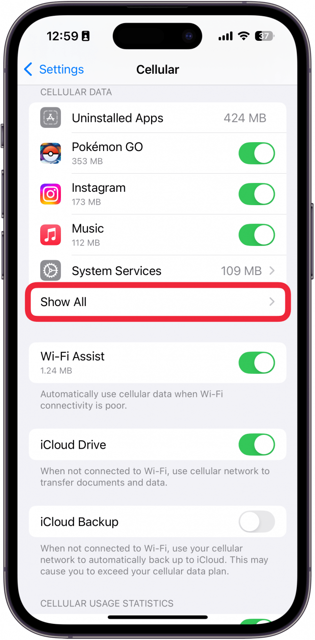 iPhone-Mobilfunkeinstellungen mit einem roten Kästchen um die Schaltfläche „Alle anzeigen“.