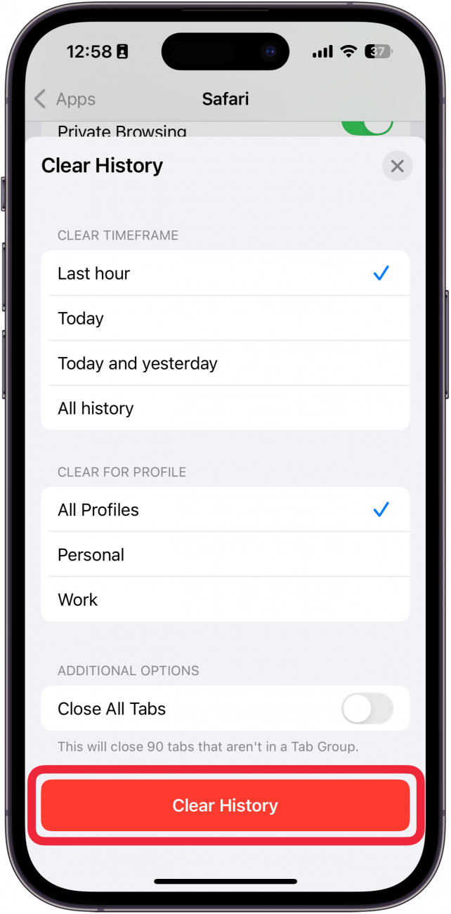 Bildschirm zum Löschen des Verlaufs auf dem iPhone Safari mit einem roten Kästchen um die Schaltfläche zum Löschen des Verlaufs