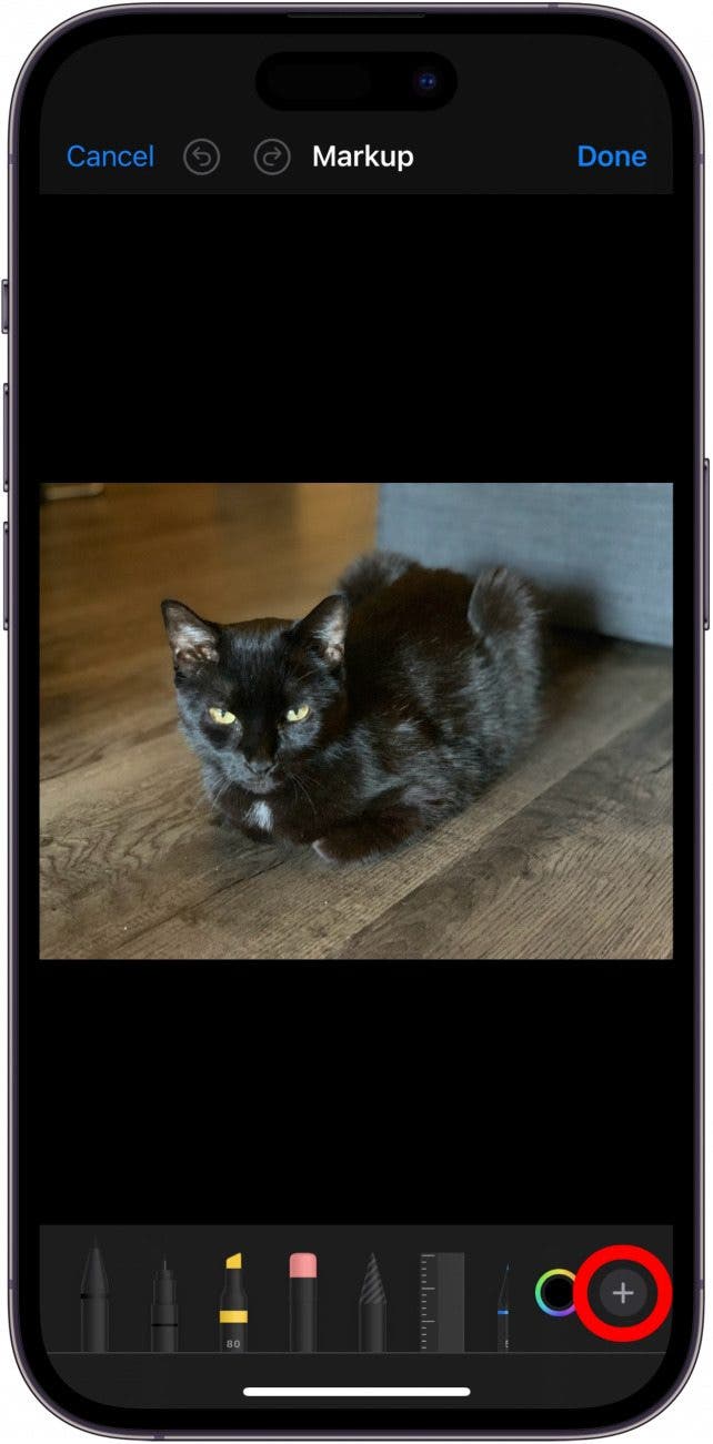 iPhone-Fotomarkierungsbildschirm mit rot eingekreister Plustaste