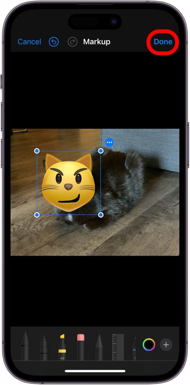 iPhone-Foto-Markup-Bildschirm mit vergrößertem Katzen-Emoji, das das Gesicht einer echten Katze auf dem Foto verdeckt, mit rot eingekreister Schaltfläche „Fertig“.